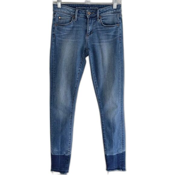 Articles Of Society Two Tone Low Rise Jeans Womens Size 25 Raw Hem Stretch Blue - Picture 2 of 9
